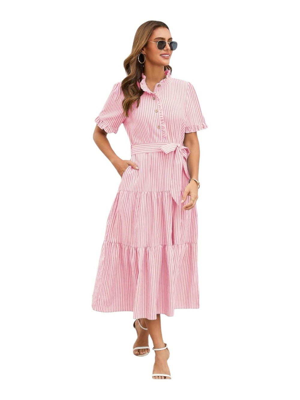 Pink Striped Midi Shirt Dress with Tie Waist